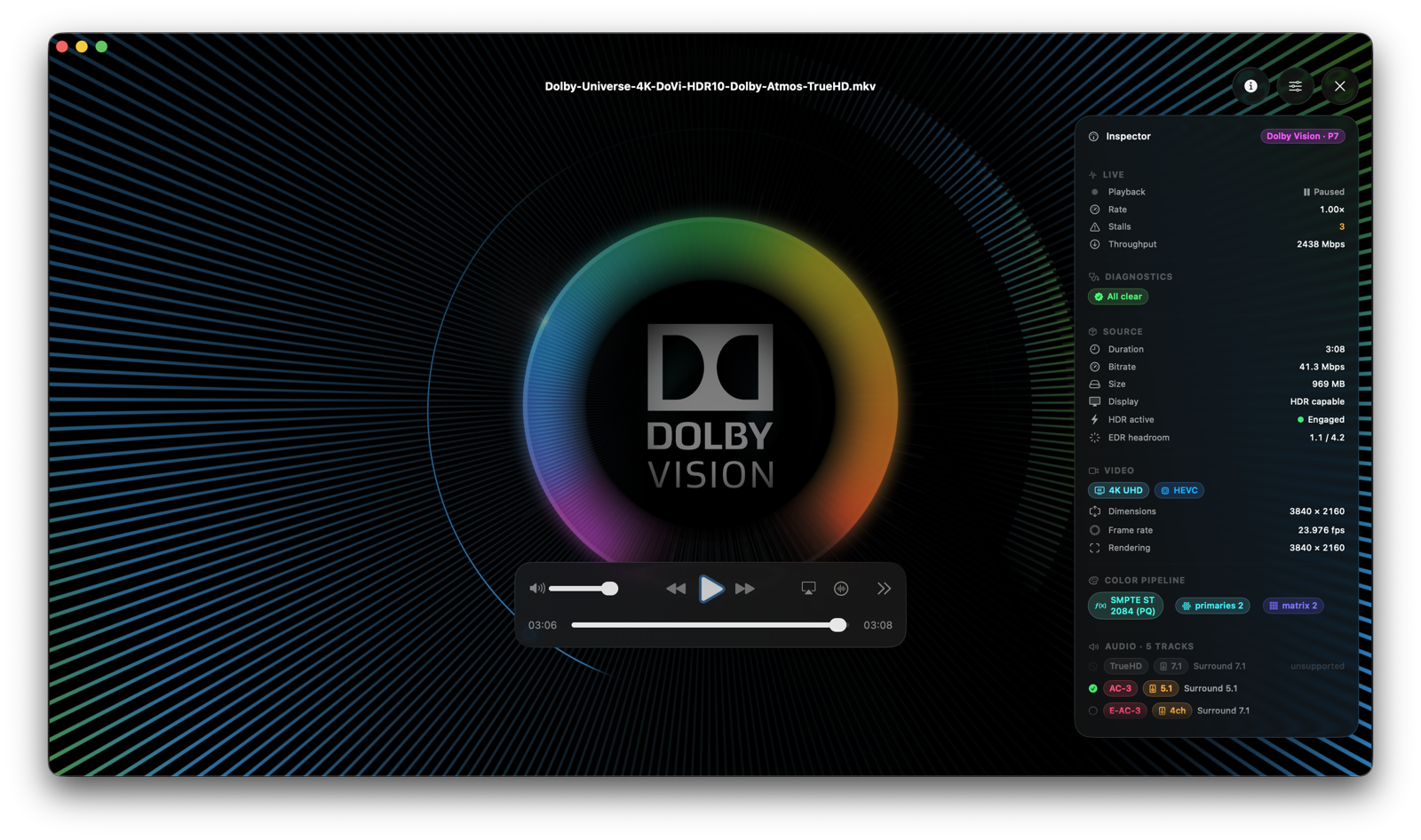 The PopBox player on Mac playing an animated film, with a translucent inspector panel on the right reporting live playback statistics: resolution, H.265 Dolby Vision codec, bitrate, frame rate, dropped frames and the selected audio track.